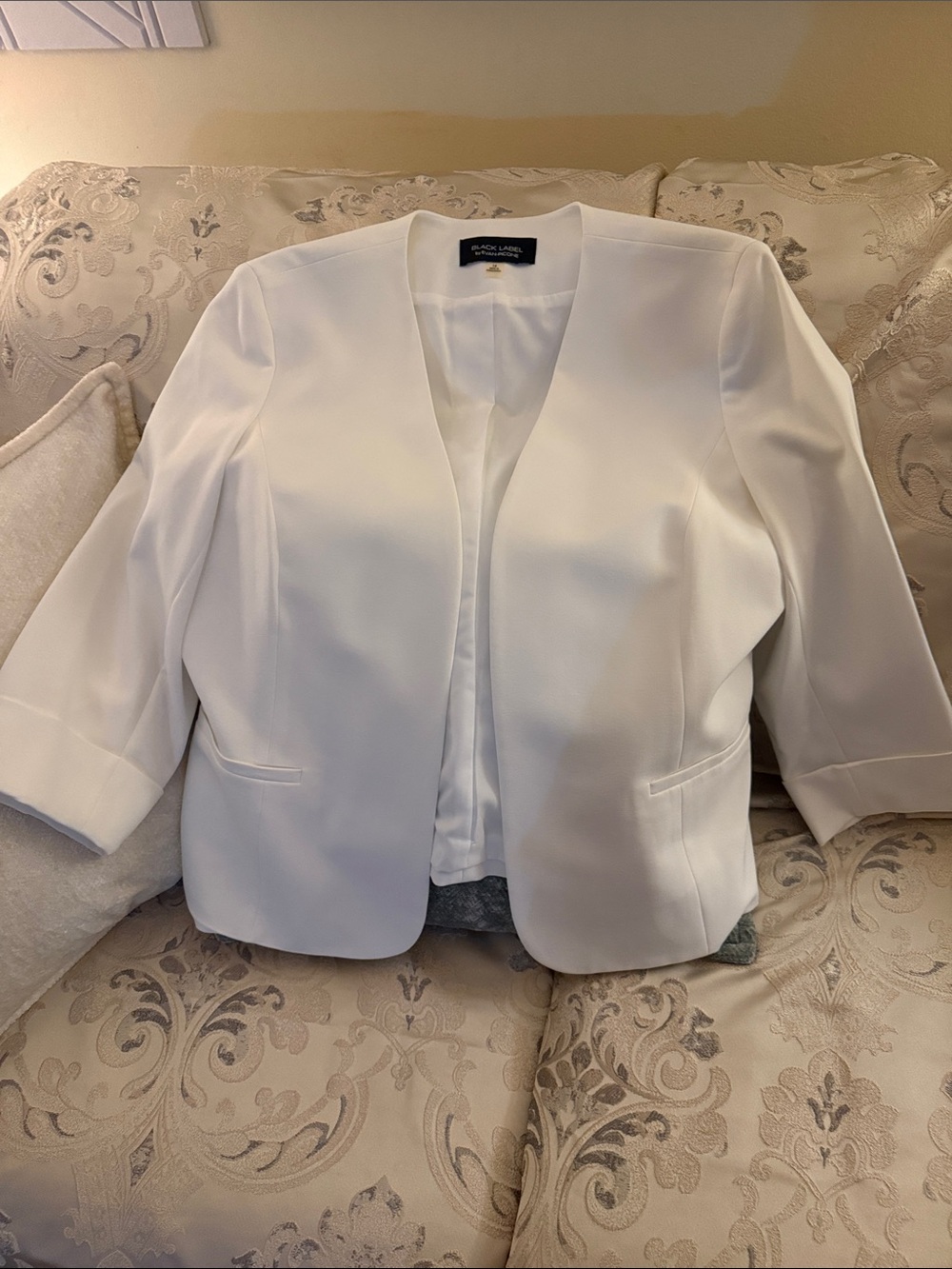 Evan Picone White Collarless Open Blazer Jacket